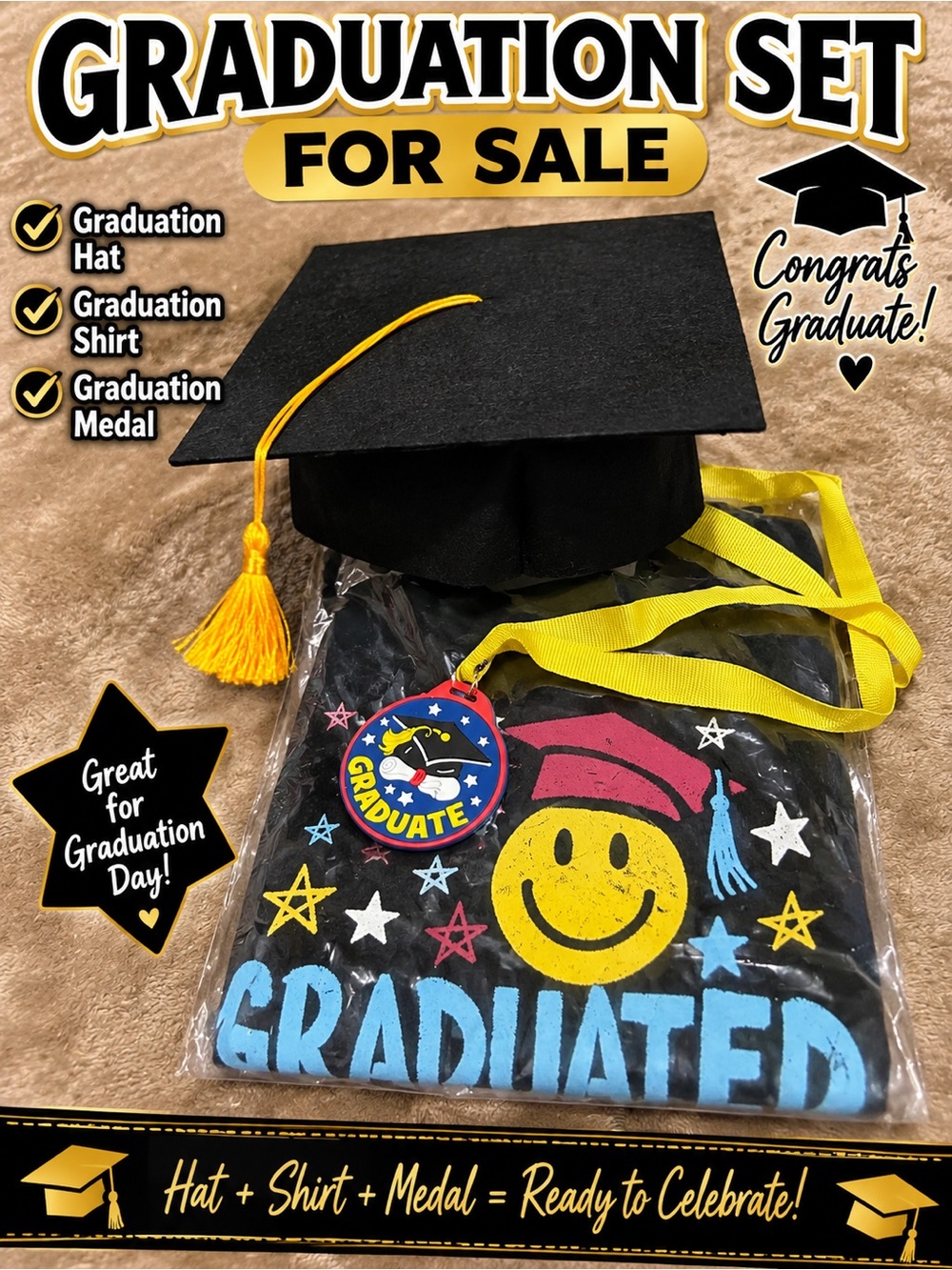 The Children's Place Black Graduation Tee with Yellow Tassel & Medal